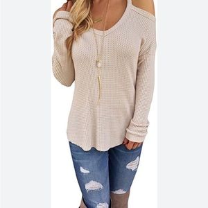 CNFIO Women's Cold Open
Shoulder Tops Shirts V Neck Long Sleeve Tee Knitted top
